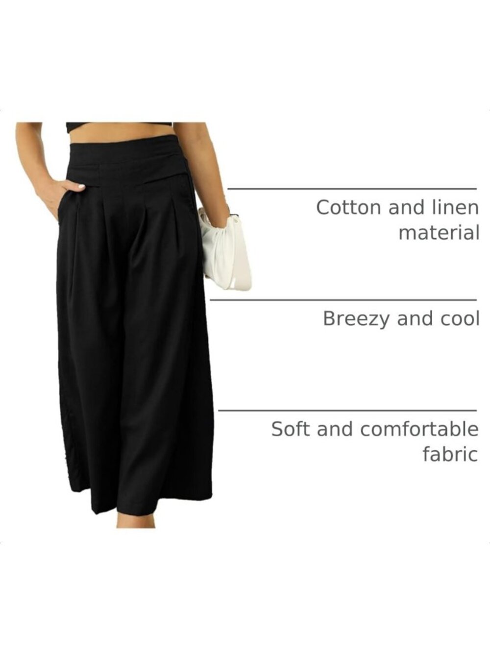 Women's Cotton Linen Wide Leg Culottes Pants | Elastic Waist Palazzo Trousers - Picture 4 of 8